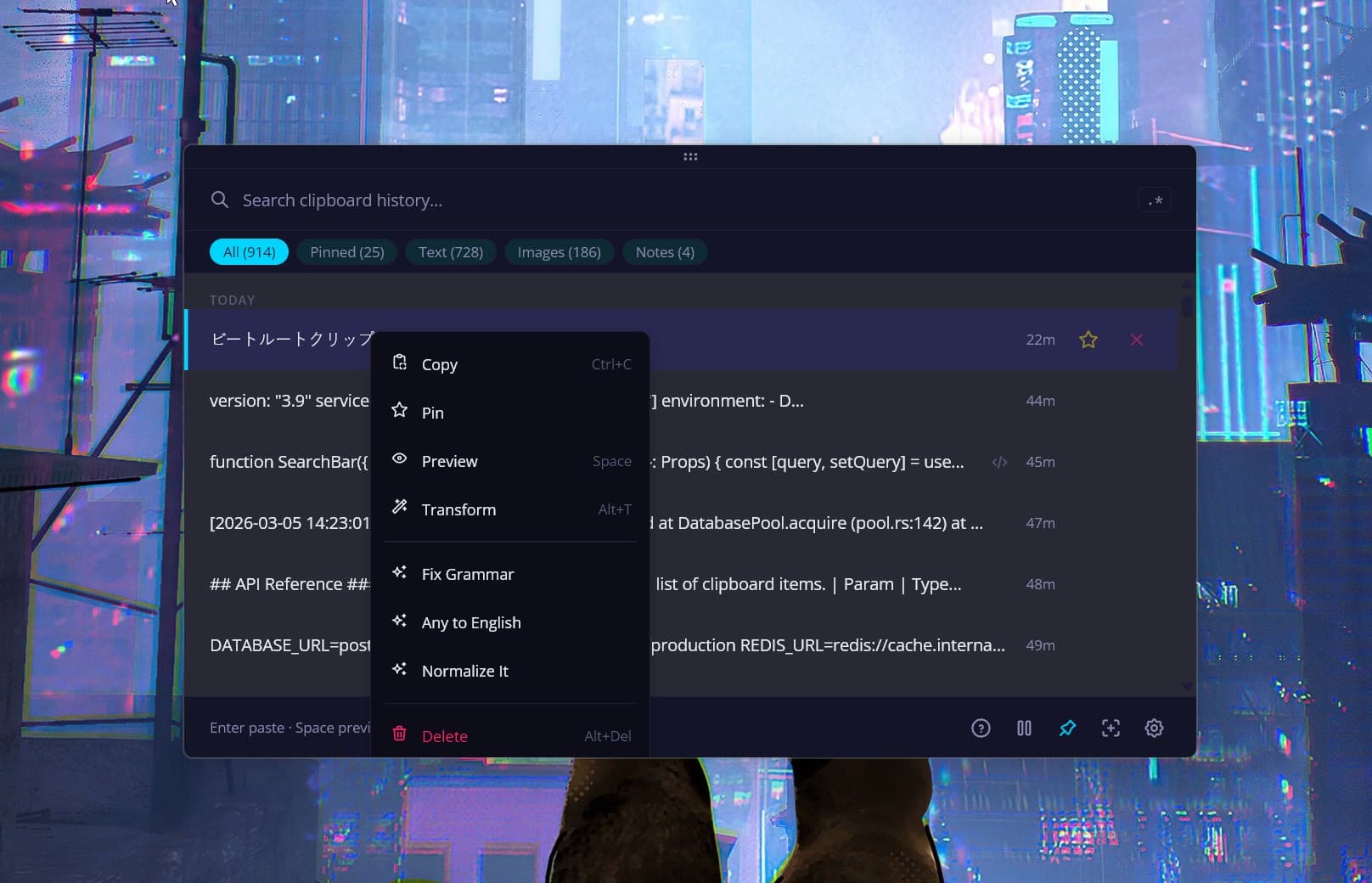 Beetroot clipboard manager context menu showing Star, Copy, Paste, Preview, and AI Transform options including Fix Grammar, Any to English, Normalize It
