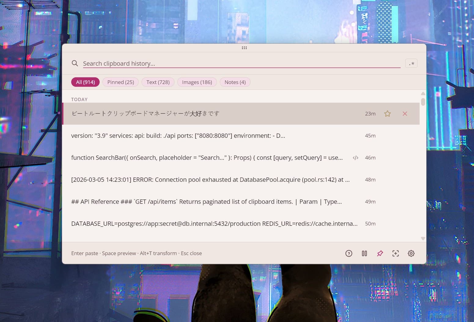 Beetroot clipboard manager for Windows — Beetroot Light theme showing clipboard history with 585 clips, filter tabs, search bar, and pinned clips