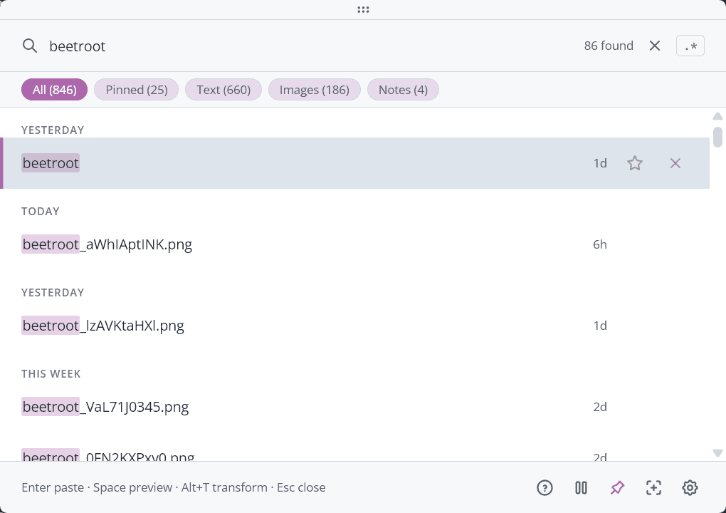 Beetroot clipboard manager pinned on top showing 846 clips with search for 'beetroot' returning 86 results, pin icon active in toolbar