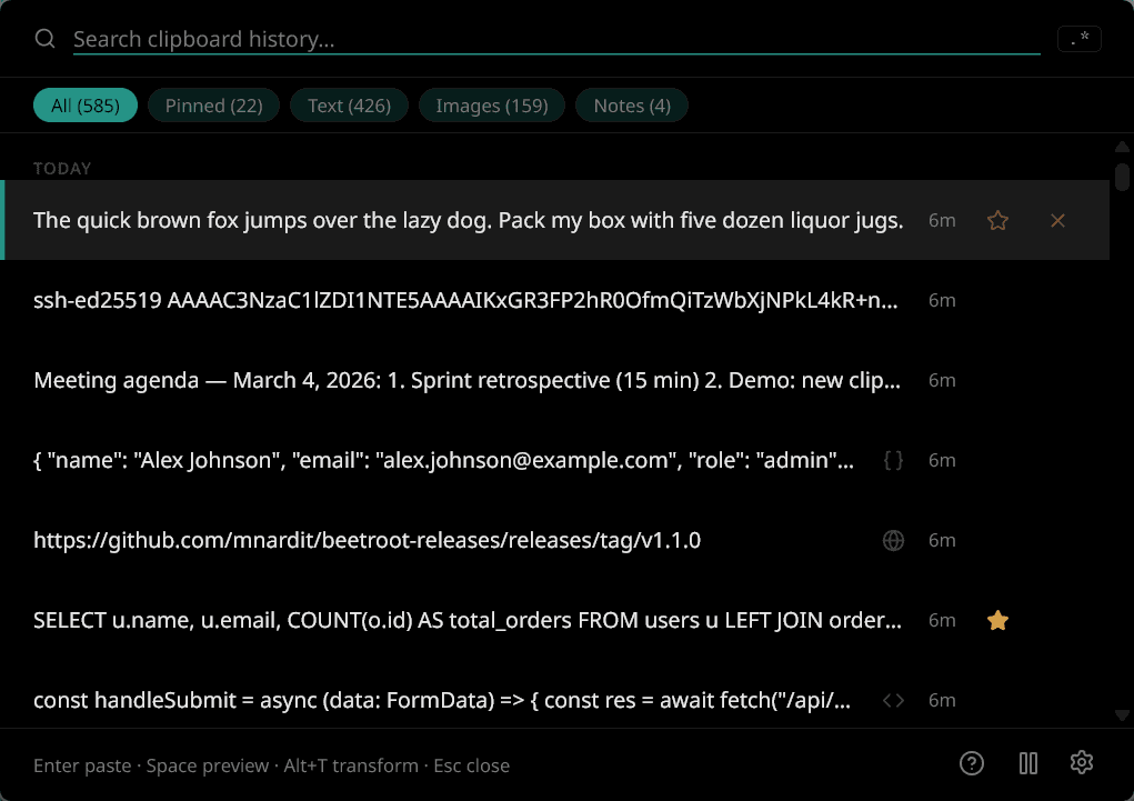 Beetroot clipboard manager in Pure Dark OLED theme — true #000000 black background with green accent