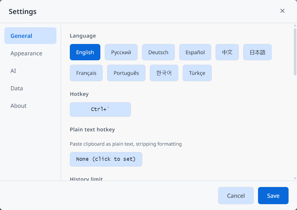 Beetroot Settings General panel showing 26 languages, global hotkey configuration, and plain text paste hotkey option