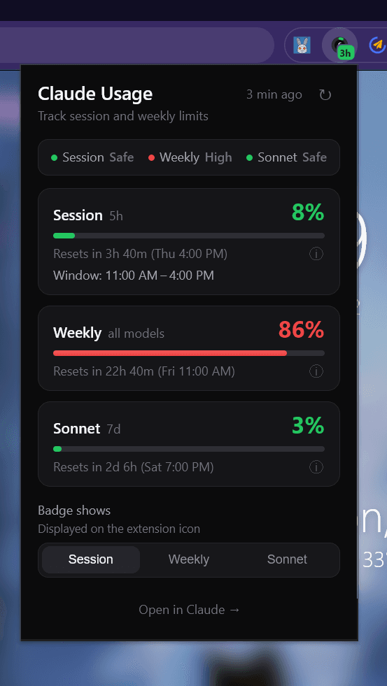 Claude Usage Deck popup in dark mode