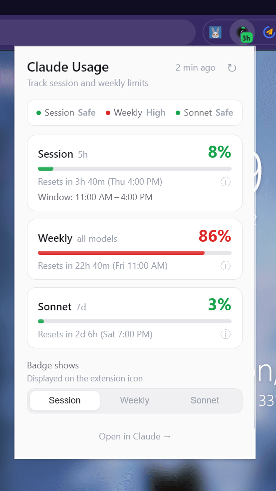 Claude Usage Deck popup in light mode