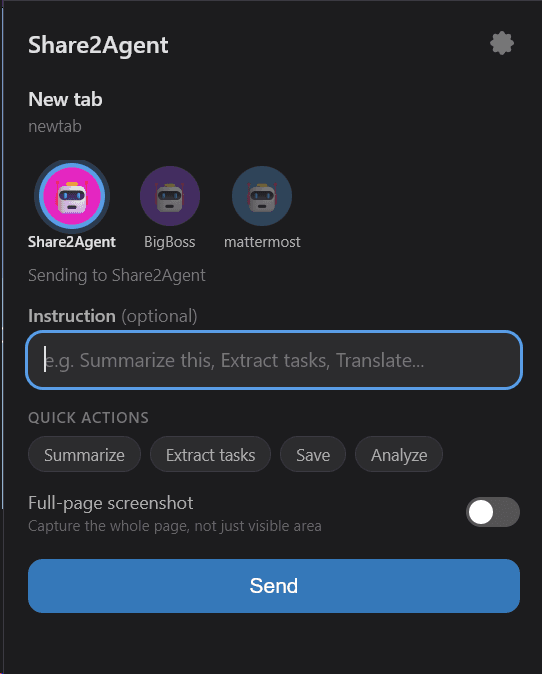 Share2Agent popup in dark mode