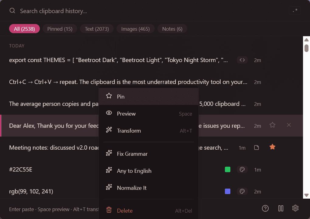 Beetroot clipboard manager context menu showing AI transform options: Pin, Preview, Transform, Fix Grammar, Any to English, Normalize It