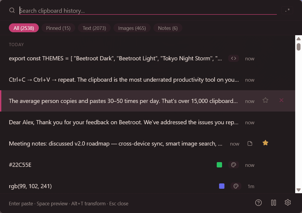 Beetroot clipboard manager in Cyberpunk light theme with warm colors