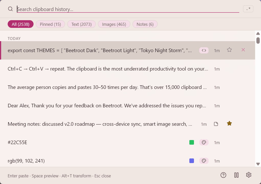 Beetroot clipboard manager for Windows — light theme showing clipboard history with 2538 entries, filter tabs, search bar, and pinned items