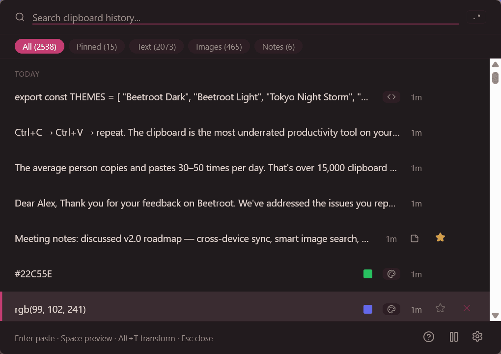 Beetroot clipboard manager for Windows — dark theme showing clipboard history with filter tabs, search bar, and pinned items