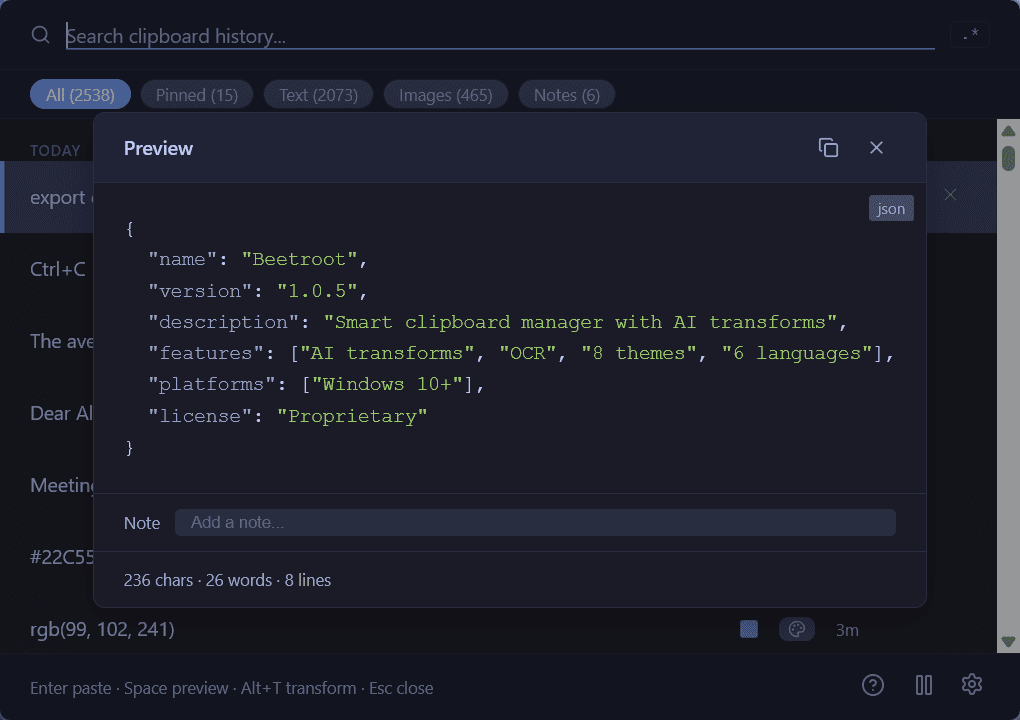 Beetroot rich preview showing JSON with syntax highlighting, 236 characters, 26 words, 8 lines count