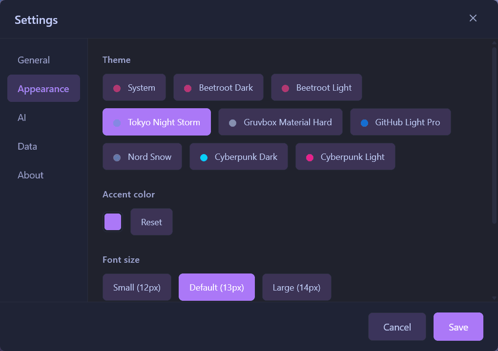 Beetroot settings panel showing 8 theme options including Beetroot Dark, Tokyo Night Storm, Gruvbox, with accent color picker and font size selector