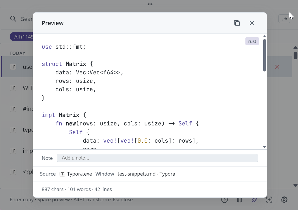 Beetroot preview showing Rust code with correct syntax highlighting and "rust" language label detected by ML model