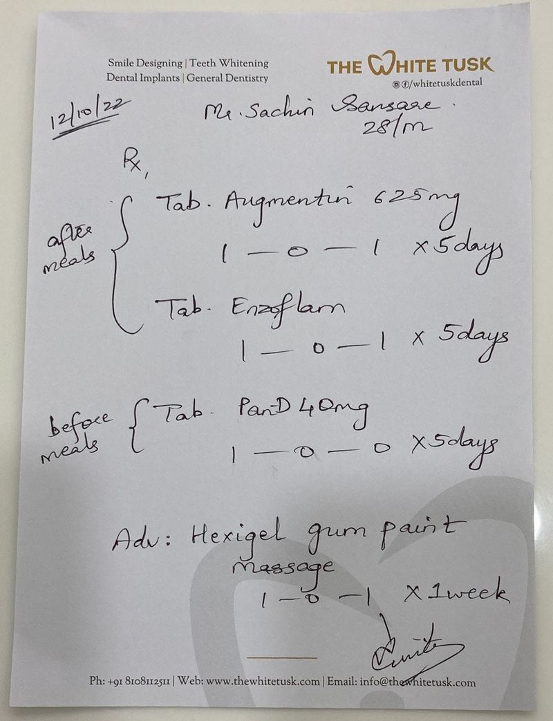 Original handwritten prescription from a dental clinic