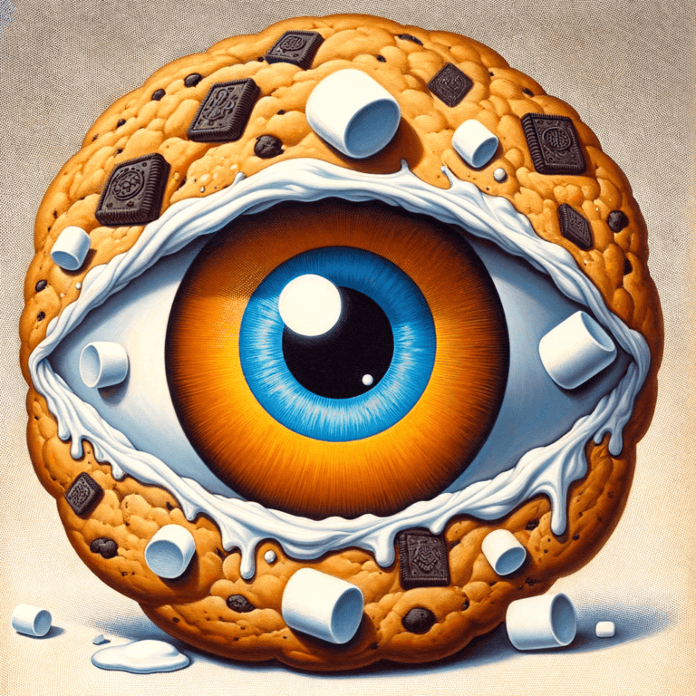 Surreal cookie with eye, marshmallows, and chocolate pieces.