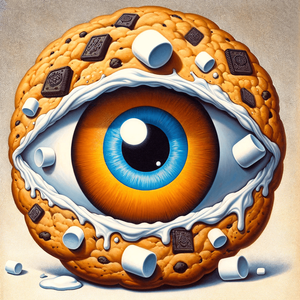 Surreal cookie with eye, marshmallows, and chocolate pieces.