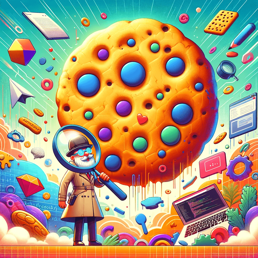 Illustration of detective examining giant colorful cookie