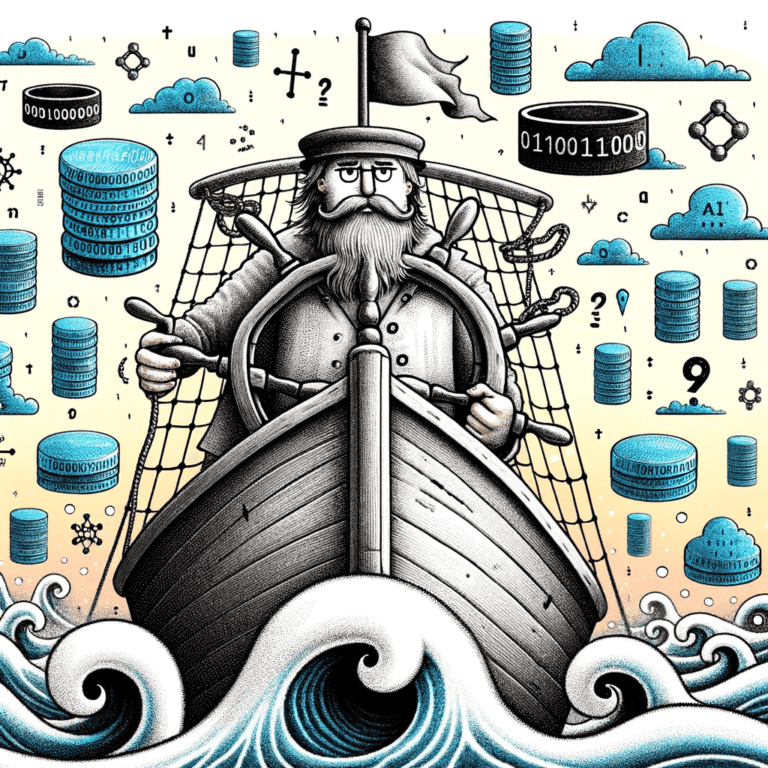 Illustration of bearded captain steering ship amidst data symbols