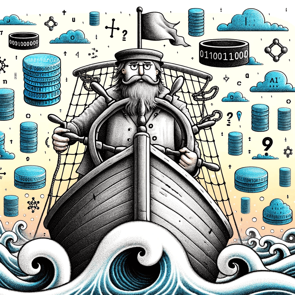 Illustration of bearded captain steering ship amidst data symbols