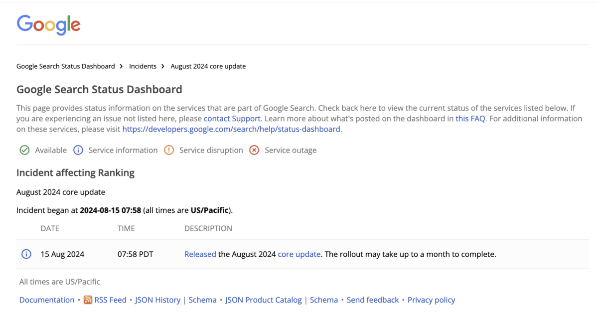 Google Search Status Dashboard August 2024 update details.