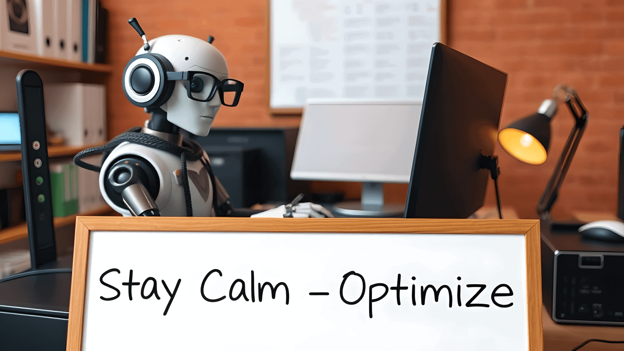 Robot with headphones working at office desk