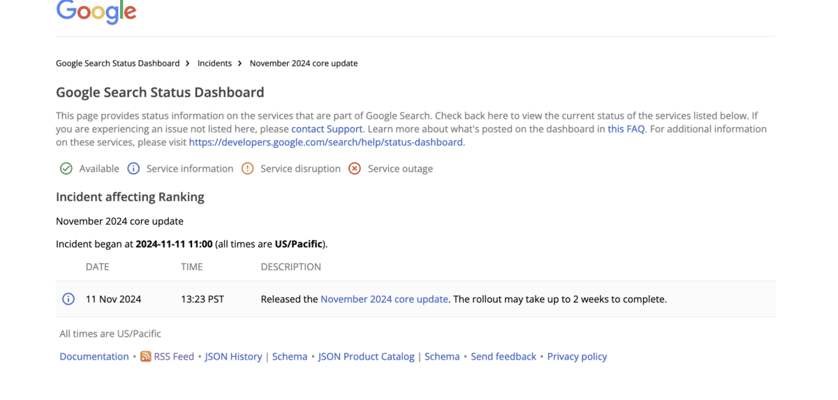 Google Search status update, November 2024 core change.