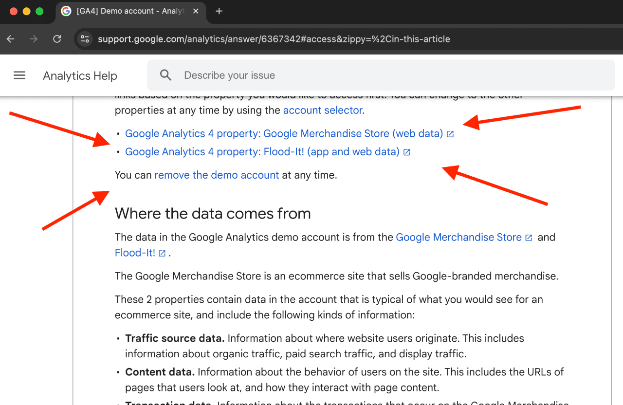 Screenshot showing Google Analytics properties list