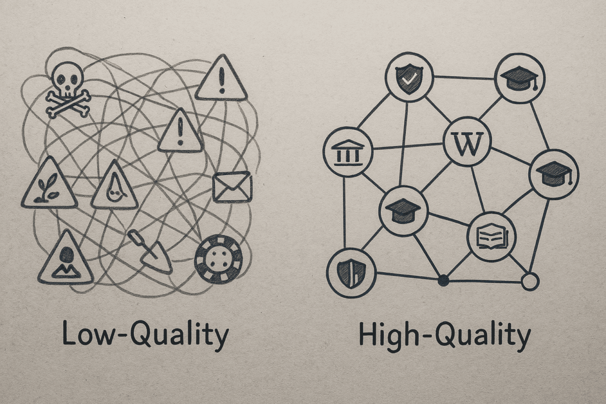 Visual comparison of link building results: A chaotic web illustrates the risk of spammy, low-quality links and penalties, contrasted with an orderly network demonstrating the value of high-quality, relevant, and authoritative backlinks for SEO.