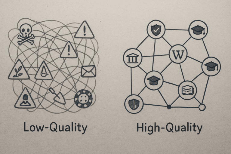 Visual comparison of link building results: A chaotic web illustrates the risk of spammy, low-quality links and penalties, contrasted with an orderly network demonstrating the value of high-quality, relevant, and authoritative backlinks for SEO.