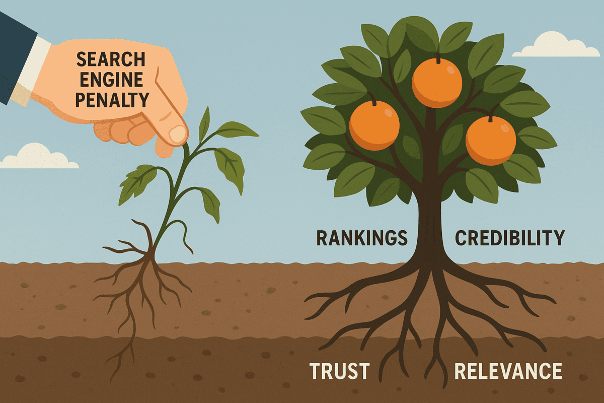 SEO illustration contrasting link building outcomes: a wilting weed representing low-quality links facing penalties, next to a thriving tree representing quality links yielding rankings and credibility.