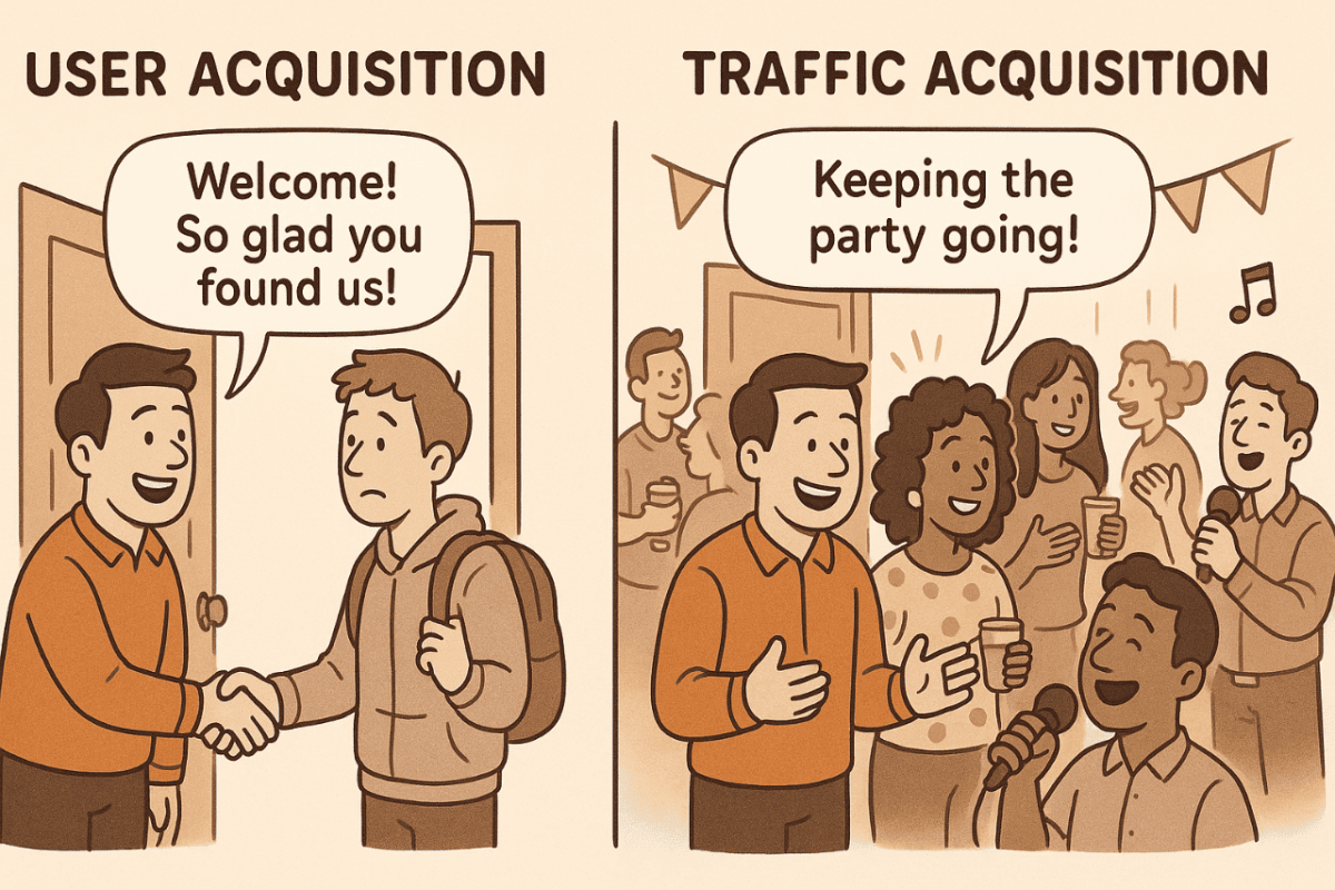 Illustration depicting a doorway/entrance to a party. On the left, a host welcomes a new guest (User Acquisition), while on the right, the party is in full swing with both new and returning guests (Traffic Acquisition), illustrating the difference between the two GA4 reports.