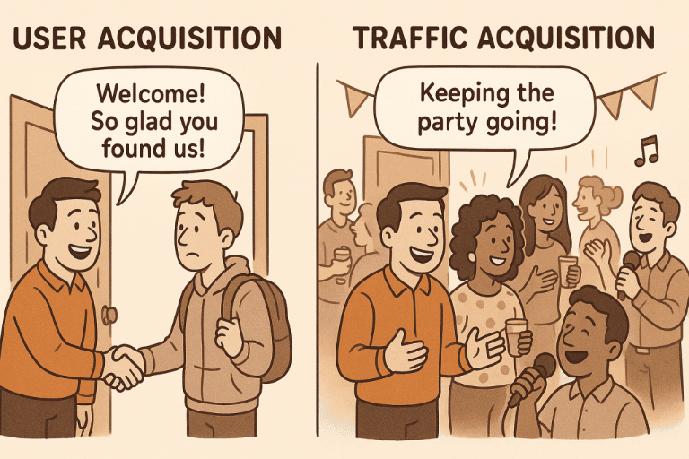 Illustration depicting a doorway/entrance to a party. On the left, a host welcomes a new guest (User Acquisition), while on the right, the party is in full swing with both new and returning guests (Traffic Acquisition), illustrating the difference between the two GA4 reports.