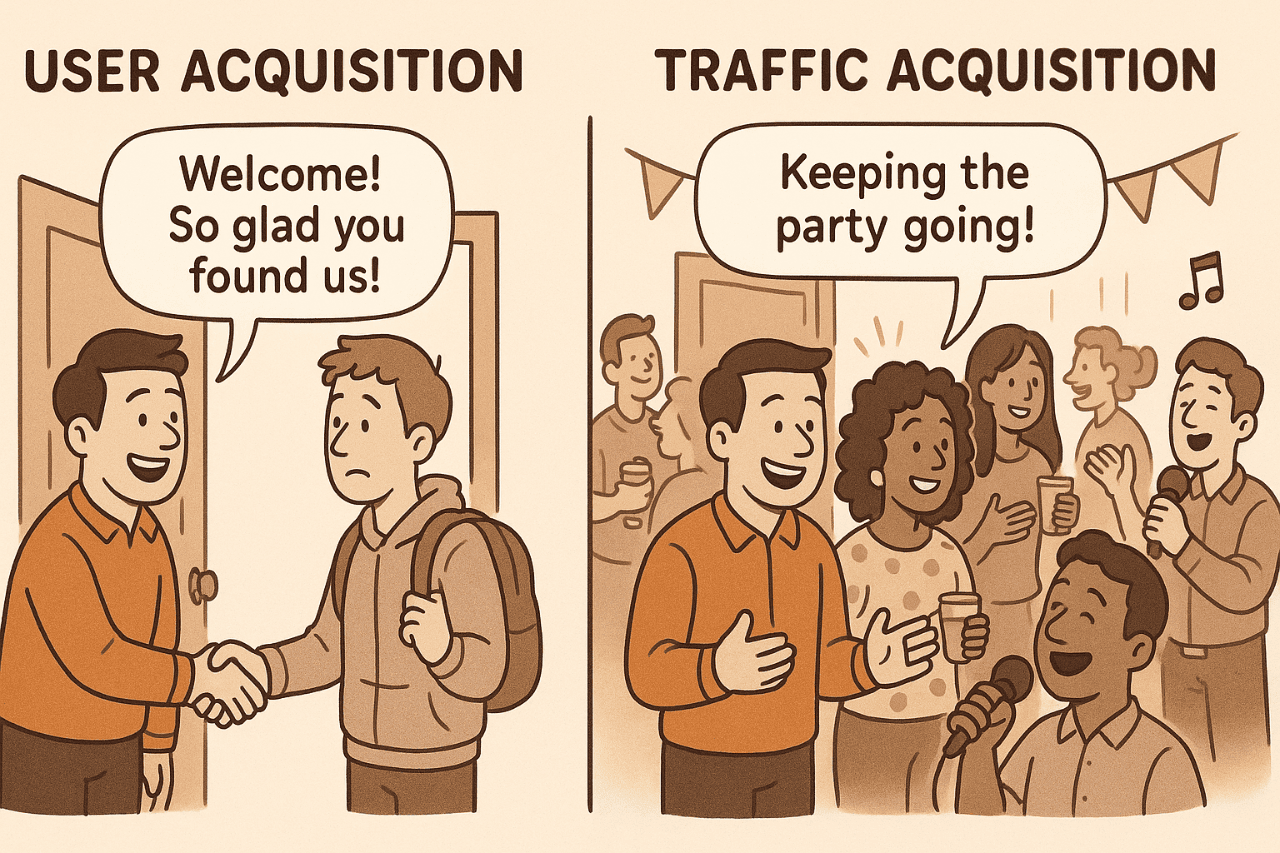 Illustration depicting a doorway/entrance to a party. On the left, a host welcomes a new guest (User Acquisition), while on the right, the party is in full swing with both new and returning guests (Traffic Acquisition), illustrating the difference between the two GA4 reports.