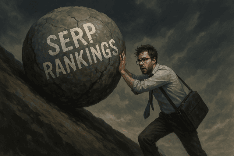 Illustration of a marketer struggling like Sisyphus to push a giant boulder labeled 'SERP RANKINGS' up a steep, dark hill, symbolizing the continuous effort in SEO.
