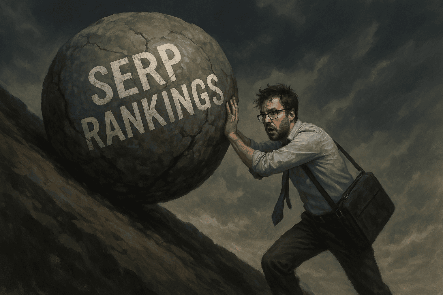 Illustration of a marketer struggling like Sisyphus to push a giant boulder labeled 'SERP RANKINGS' up a steep, dark hill, symbolizing the continuous effort in SEO.