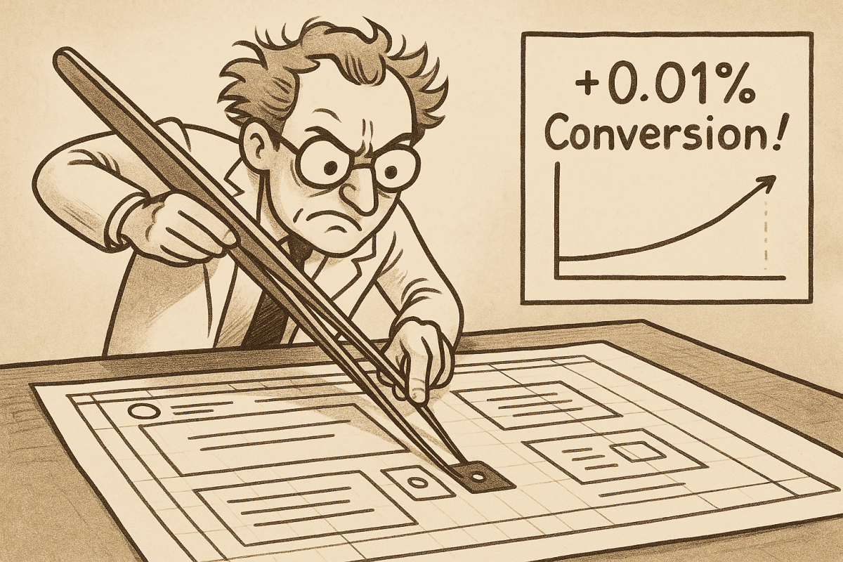Cartoon drawing of a focused 'mad scientist' in a lab coat using a large precision tool to make a tiny adjustment on a website wireframe layout. Behind him, a chart shows a graph trending slightly upward with the text '+0.01% Conversion!'