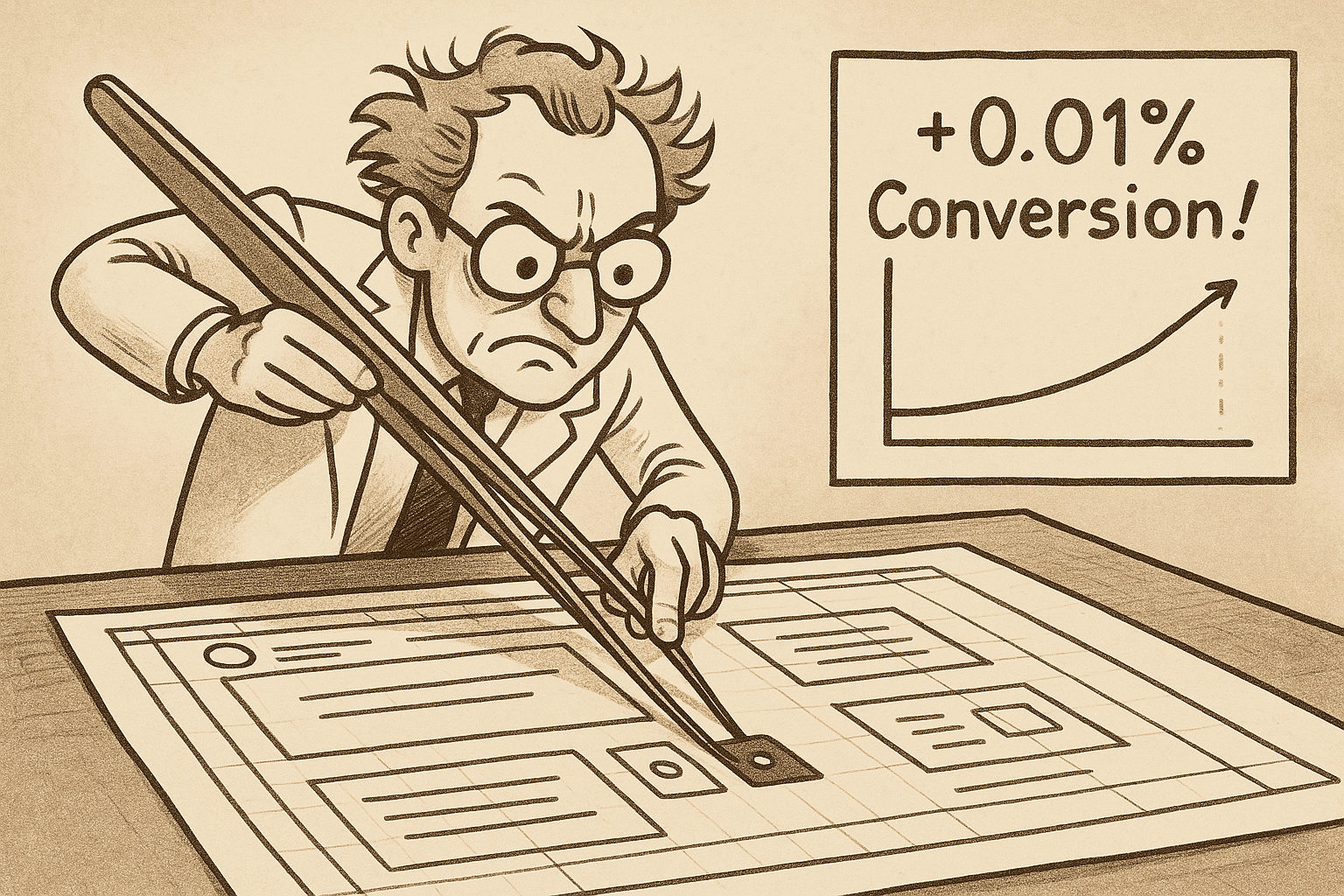 Cartoon drawing of a focused 'mad scientist' in a lab coat using a large precision tool to make a tiny adjustment on a website wireframe layout. Behind him, a chart shows a graph trending slightly upward with the text '+0.01% Conversion!'