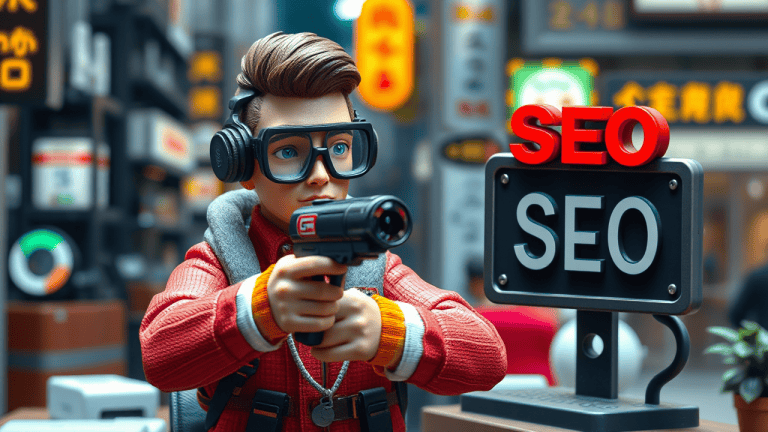 Cartoon character holding gadget near SEO sign.