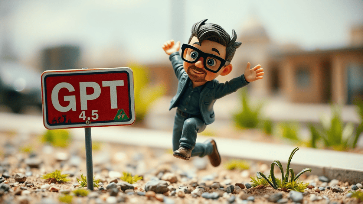 Cartoon figure jumping near GPT 4.5 sign.
