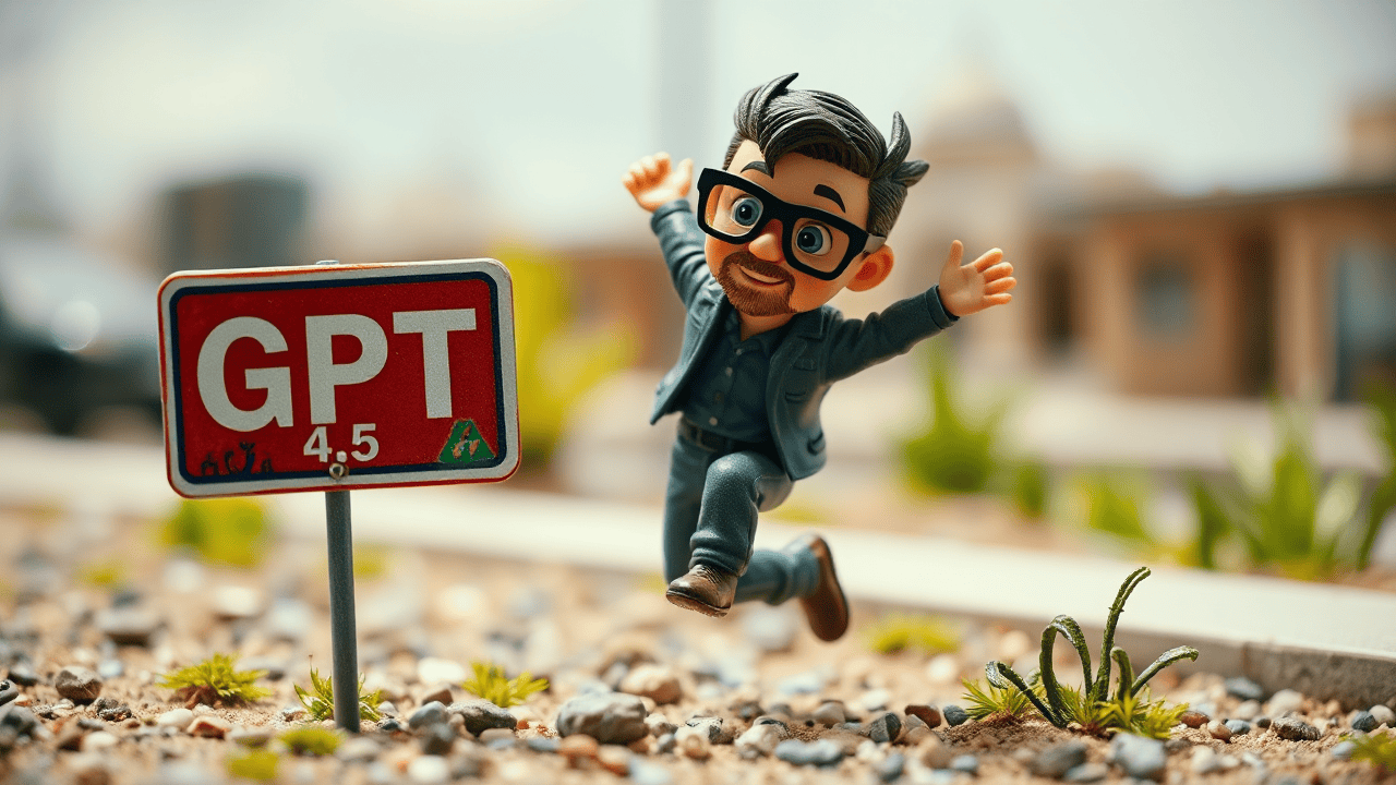 Cartoon figure jumping near GPT 4.5 sign.