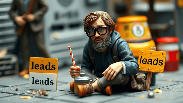 Cartoon man with signs reading 'leads' around him.