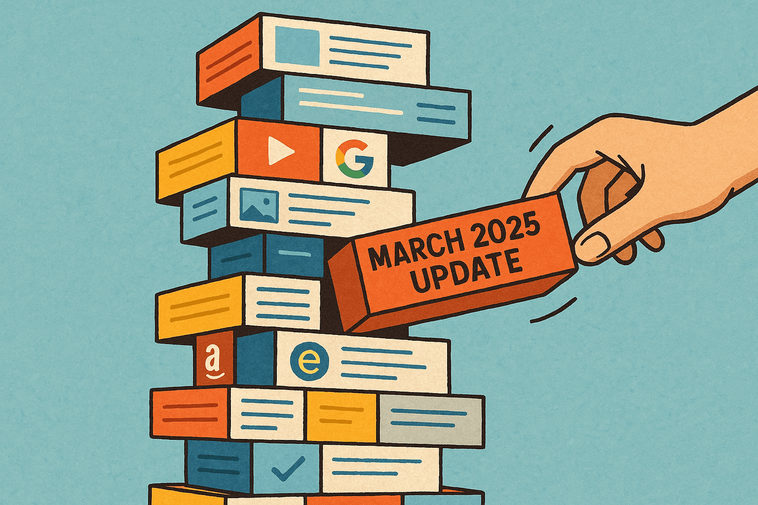 Hand pulling March 2025 update block from stack.