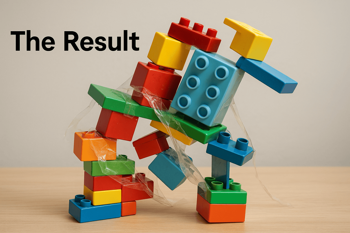 An unstable structure built from colorful LEGO and DUPLO blocks taped together, illustrating 'The Result' of following unclear technical specifications (SEO brief).