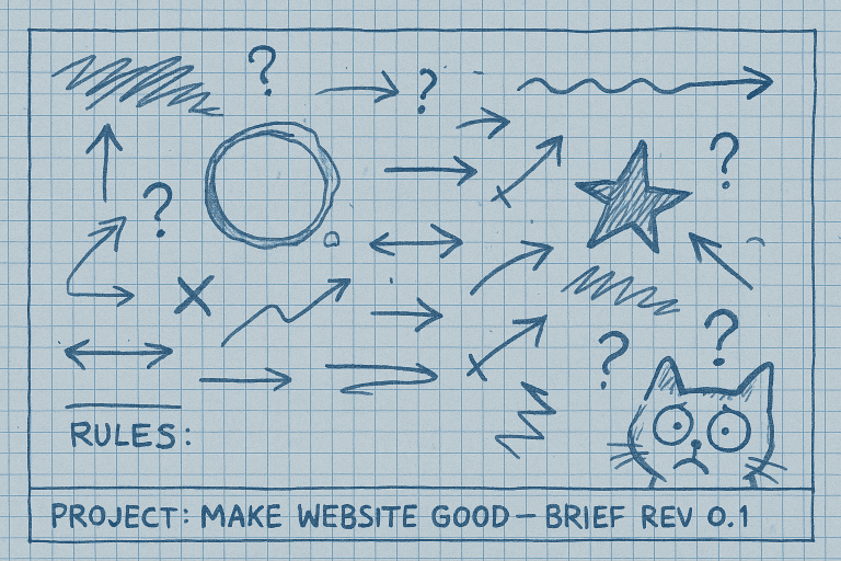 Drawing of a chaotic technical brief titled 'Make Website Good - Brief Rev 0.1' with unclear instructions, symbols, and a confused cat, illustrating the problems with poorly written website specifications (SEO brief).