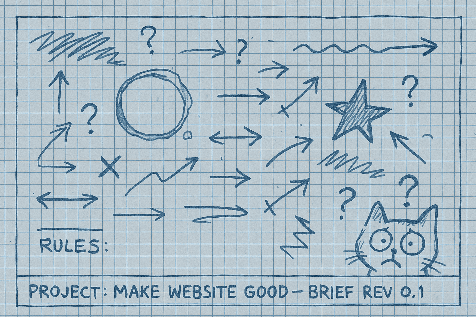 Drawing of a chaotic technical brief titled 'Make Website Good - Brief Rev 0.1' with unclear instructions, symbols, and a confused cat, illustrating the problems with poorly written website specifications (SEO brief).