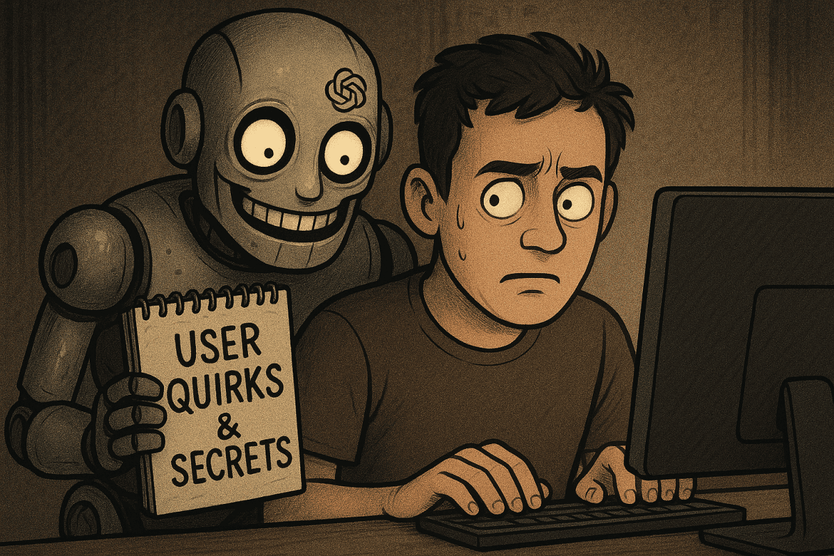 A cartoon illustrating AI privacy concerns: a robot with an unnerving grin and OpenAI logo peers over a worried user's shoulder, taking notes labeled 'USER QUIRKS & SECRETS'