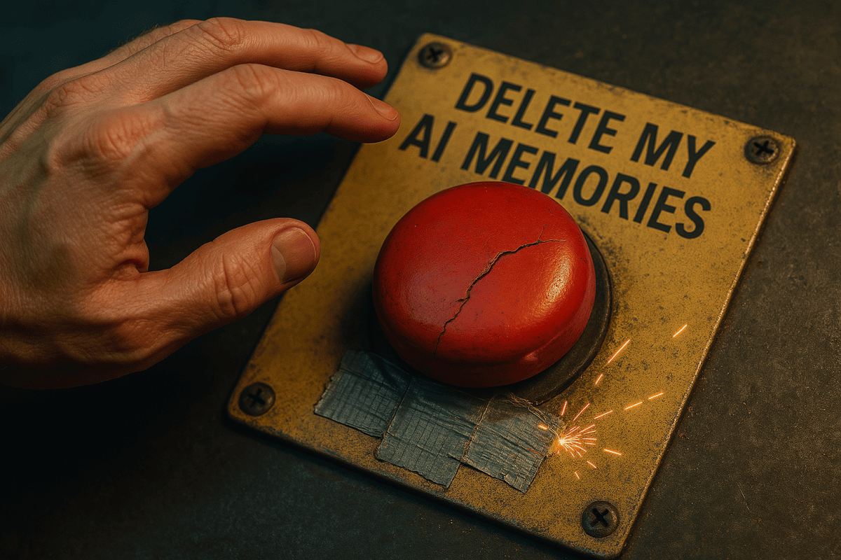 A hand hesitantly approaches a large, cracked red panic button labeled 'DELETE MY AI MEMORIES', mounted on a damaged panel sparking and held together with duct tape, symbolizing dubious user control over AI data. Sources and related content