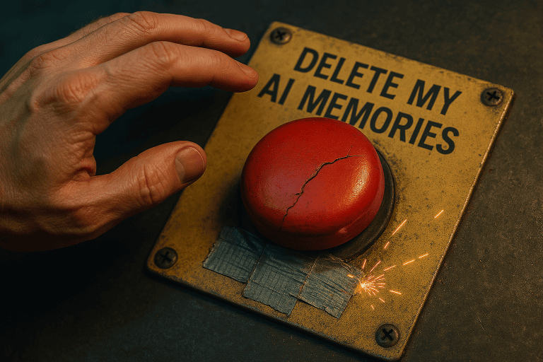 A hand hesitantly approaches a large, cracked red panic button labeled 'DELETE MY AI MEMORIES', mounted on a damaged panel sparking and held together with duct tape, symbolizing dubious user control over AI data. Sources and related content