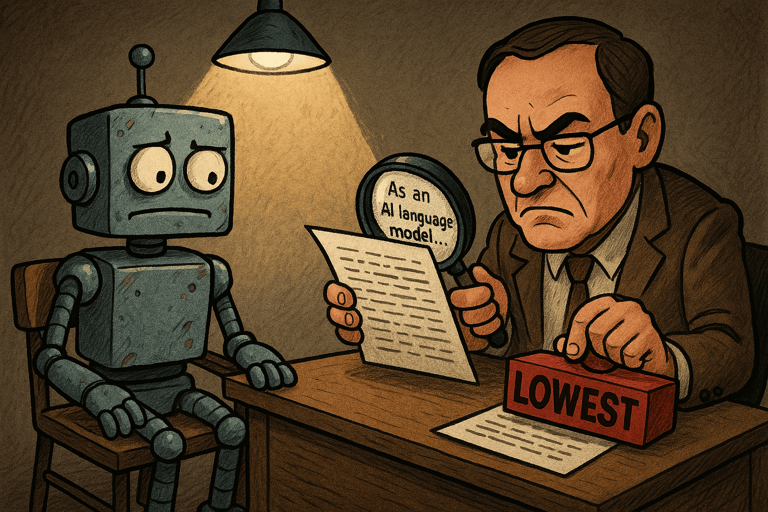 A human quality rater scrutinizes AI-generated content from a robot, preparing to assign the 'Lowest' rating indicated by a stamp.