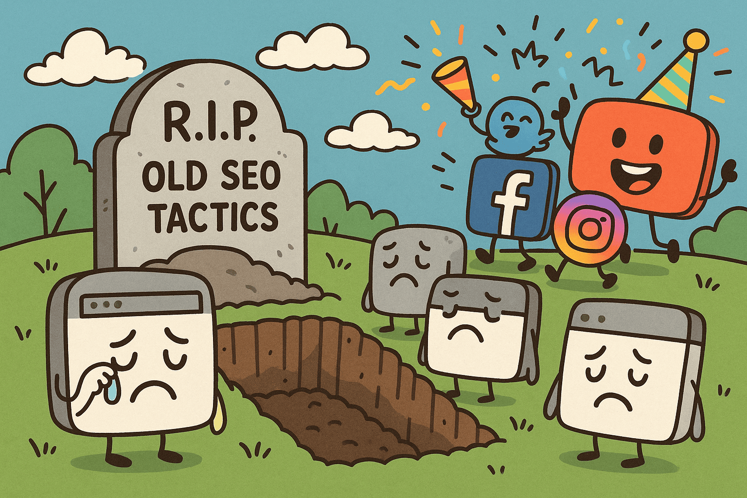 Cartoon illustration of a graveyard scene where a tombstone reads "R.I.P. OLD SEO TACTICS". Sad browser window characters mourn at the grave while happy social media icons party in the background, symbolizing the decline of old SEO methods.