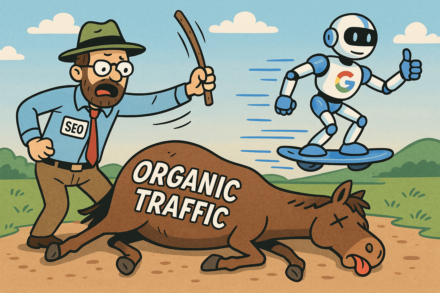 Illustration symbolizing the decline of organic search traffic: An SEO expert attempts to beat a dead horse representing 'Organic Traffic', as Google's AI robot moves forward successfully, leaving traditional methods behind.