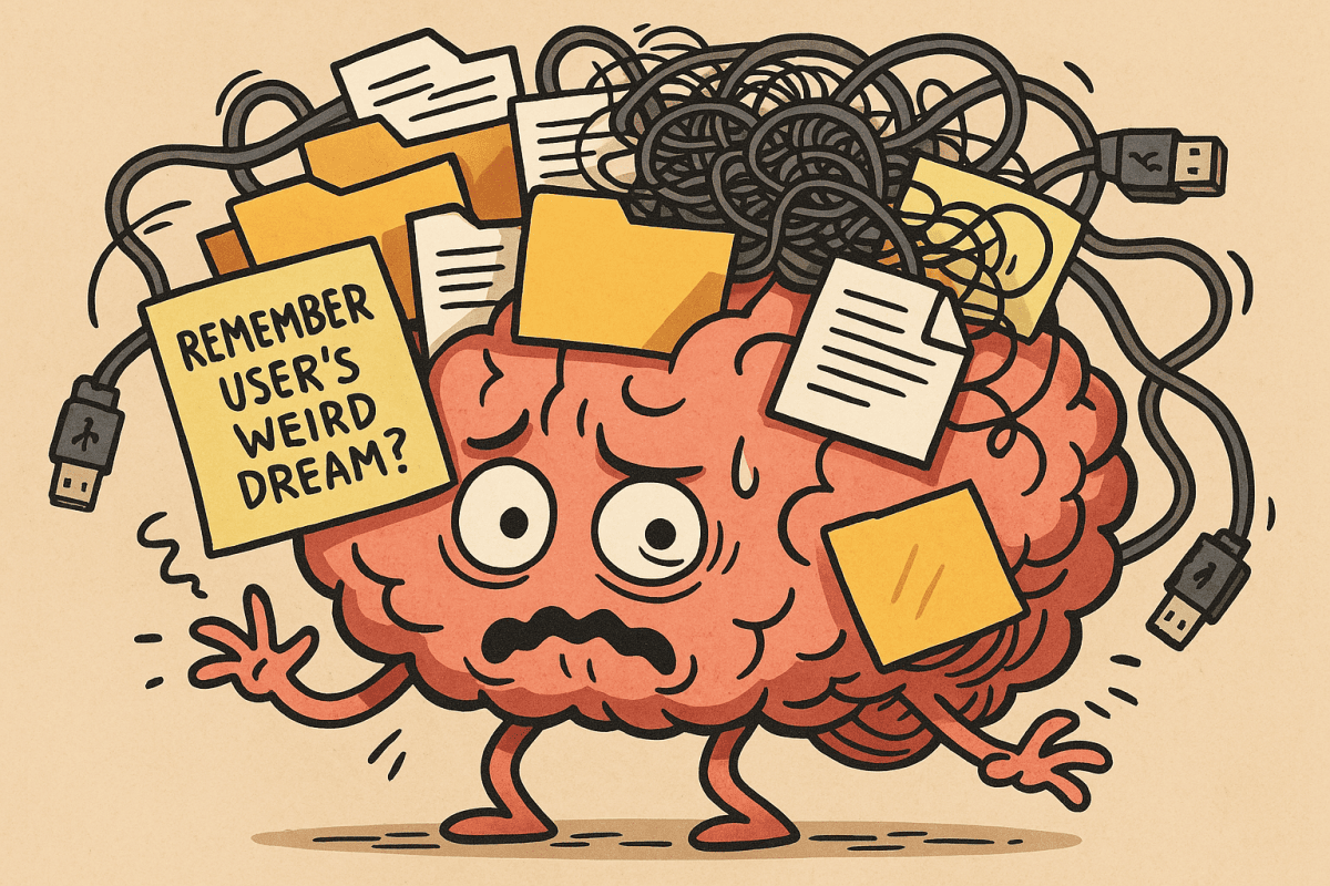 A cartoon symbolizing AI memory overload: a stressed brain character buried under tangled cables, digital files, and a note asking to 'REMEMBER USER'S WEIRD DREAM?'